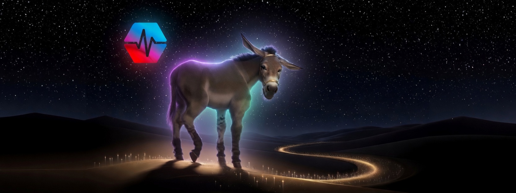Full-body SMOTASS mule on a winding gold street, PulseChain hex glowing like a moon